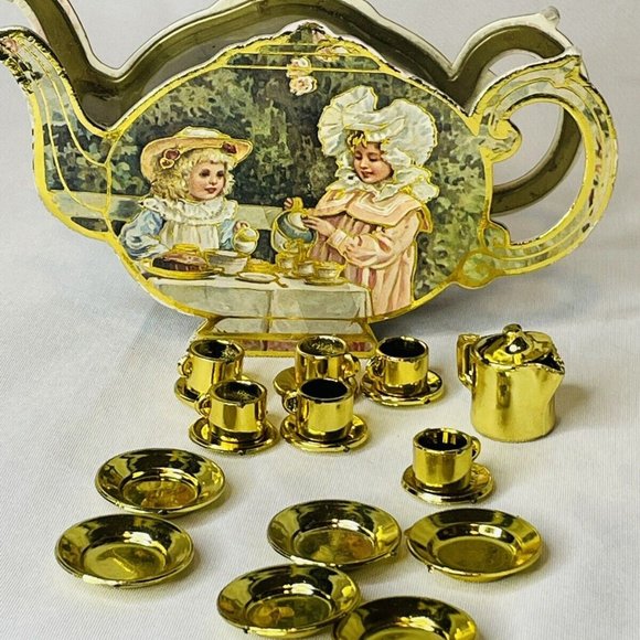 Vintage Miniature 20 Piece Toy Tea Pot Set Box PUSS TO TEA Shackman 6-Setting - Picture 3 of 11